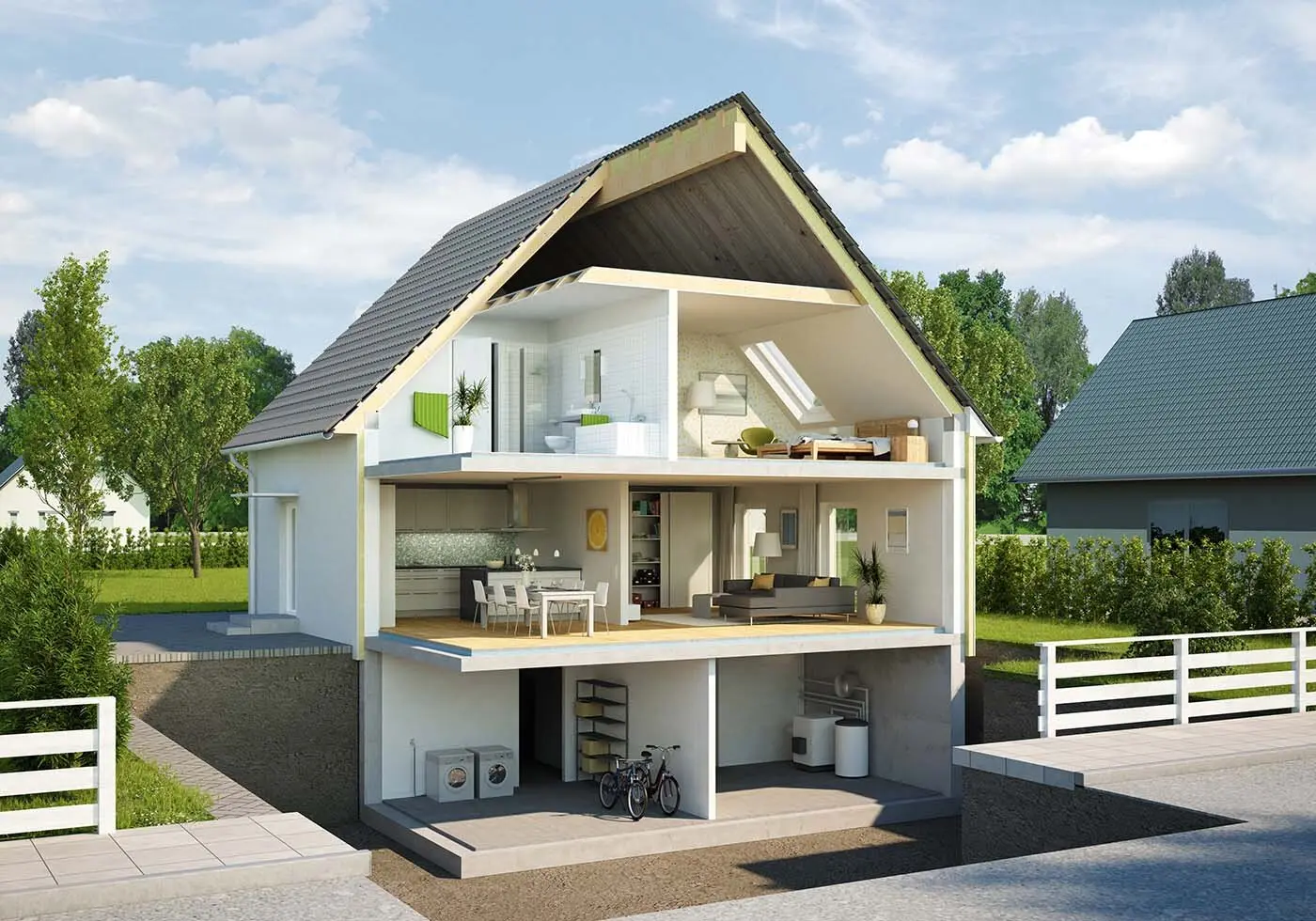 Wohnraum mit markierten Quellen typischer Wohngifte wie Formaldehyd, Lösemittel und Radon